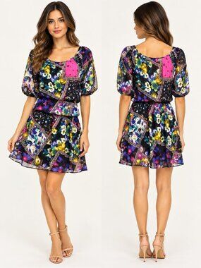 A. Byer Girls Multicolor Floral Patchwork Boho Mini Dress Size S